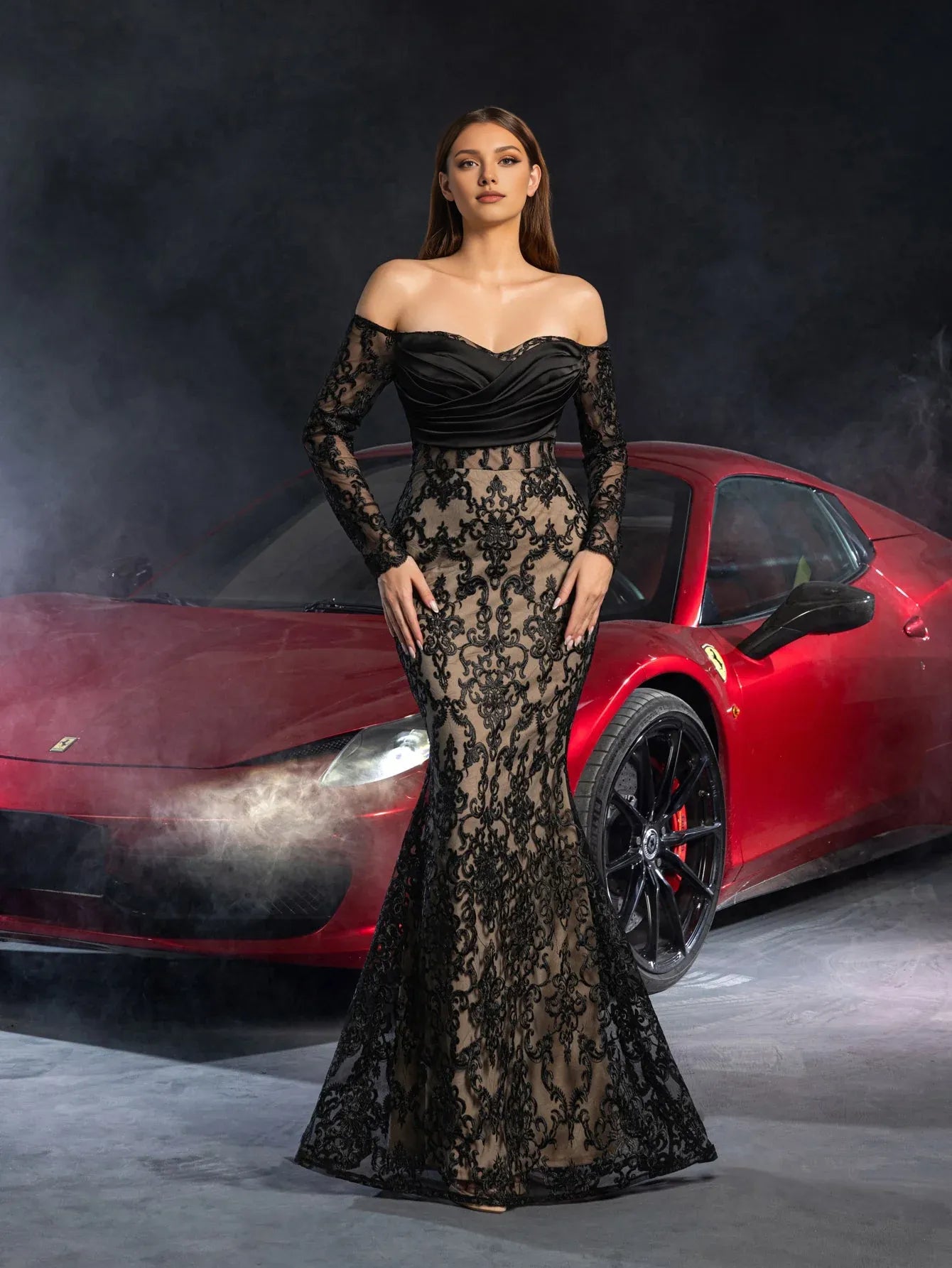 Gorgeous Mermaid Off Shoulder Sheer Sleeves Lace Up Floor-Length Prom Dress